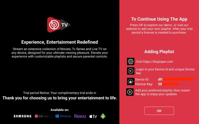 Exemple d'écran IBOPlayer avec adresse MAC et Device Key à envoyer
